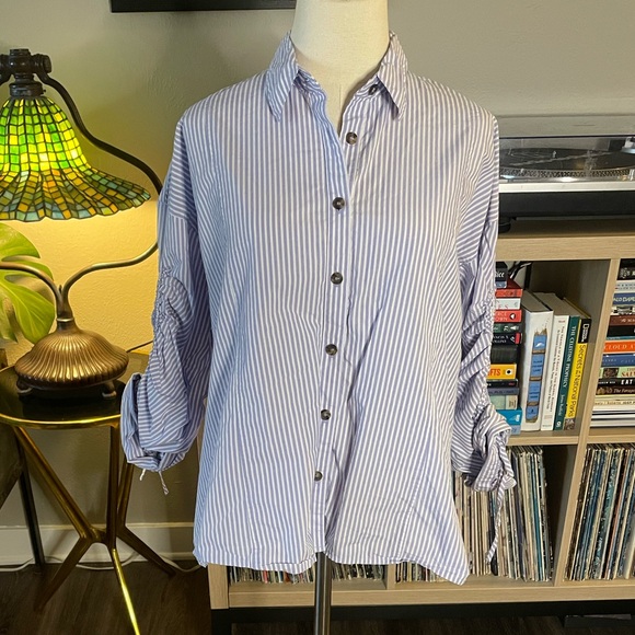 Free People Ruched Sleeve Blue Striped Collar Button Down Shirt - Picture 4 of 9